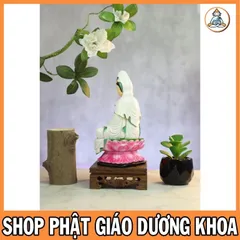 Tặng kinh Phổ Môn, Tượng Mẹ Quan Âm 18cm Bồ Tát Mặc Áo Trắng Ngồi Đài Sen Hồng cực đẹp