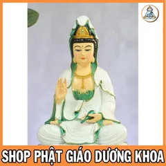 Tặng kinh Phổ Môn, Tượng Mẹ Quan Âm 18cm Bồ Tát Mặc Áo Trắng Ngồi Đài Sen Hồng cực đẹp