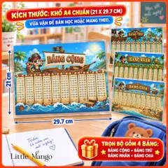 Combo 4 Bảng Cửu Chương Cộng Trừ Nhân Chia A4 Ép Plastic Cho Bé – Hải Tặc, Máy Bay, Khủng Long
