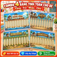 Combo 4 Bảng Cửu Chương Cộng Trừ Nhân Chia A4 Ép Plastic Cho Bé – Hải Tặc, Máy Bay, Khủng Long