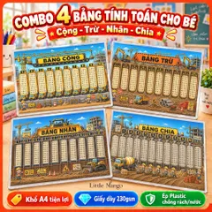 Combo 4 Bảng Cửu Chương Cộng Trừ Nhân Chia A4 Ép Plastic Cho Bé – Xe Công Trình, Vũ Trụ, Thám Tử