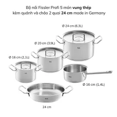 Bộ nồi Fissler Profi 5 món vung thép kèm quánh và chảo 2 quai 28cm made in Germany