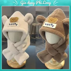 Nón Len Gấu Lucky Kèm Khăn Cực Ấm Cho Bé🍀FREESHIP🍀Mũ Lông Kèm Khăn Quàng Cổ Giữ Ấm Cho Mùa Đông