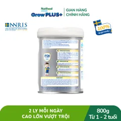 Sữa Bột Nutifood Sweden GrowPLUS+ Bạc Cao lớn vượt trội 1+, 2+ Lon 800g