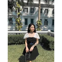 VÁY ĐẦM CỔ NƠ TAY PHỐI TƠ CÓ THỂ MẶC TRỄ VAI ĐI TIỆC