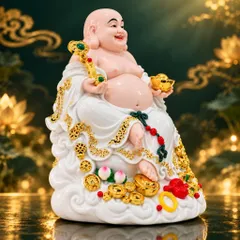 Tượng Phật Di Lặc Ngự Tòa Mây Như Ý Áo Trắng Cao Cấp