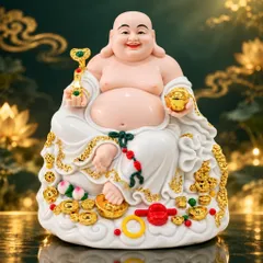 Tượng Phật Di Lặc Ngự Tòa Mây Như Ý Áo Trắng Cao Cấp