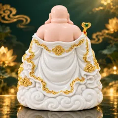 Tượng Phật Di Lặc Ngự Tòa Mây Như Ý Áo Trắng Cao Cấp