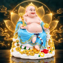 Tượng Phật Di Lặc Ngự Tòa Mây Như Ý Xanh Dương Cao Cấp