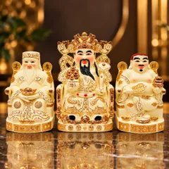 Bộ Tượng Tài – Địa – Phát Ngà Chéo Chân Mạ Vàng Cao Cấp - Phúc Thọ Song Toàn, Vạn Sự Hưng Vượng - Tụ Linh Các
