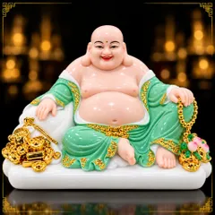 Tượng Phật Di Lặc Đào Xanh Cầm Túi Vàng Phong Thuỷ - Chiêu Tài Lộc, Bình An