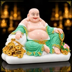 Tượng Phật Di Lặc Đào Xanh Cầm Túi Vàng Phong Thuỷ - Chiêu Tài Lộc, Bình An