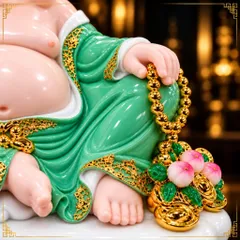Tượng Phật Di Lặc Đào Xanh Cầm Túi Vàng Phong Thuỷ - Chiêu Tài Lộc, Bình An