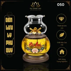 Đèn Dầu Lưu Ly Phú Quý Vàng Đế Nâu Cao Cấp (Mã 050) - Thiết Kế Tinh Xảo, Ánh Sáng Trang Nghiêm - Tụ Linh Các