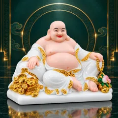 Tượng Phật Di Lặc Đào Trắng Cầm Túi Vàng Phong Thuỷ Cao Cấp - Chiêu Tài Lộc, Cầu Bình An, Vạn Sự Hanh Thông