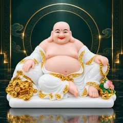 Tượng Phật Di Lặc Đào Trắng Cầm Túi Vàng Phong Thuỷ Cao Cấp - Chiêu Tài Lộc, Cầu Bình An, Vạn Sự Hanh Thông