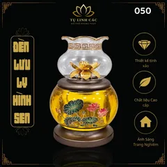 Đèn Dầu Lưu Ly Hình Sen Vàng Đế Nâu Cao Cấp (Mã 8820) - Thiết Kế Tinh Xảo, Ánh Sáng Trang Nghiêm - Tụ Linh Các
