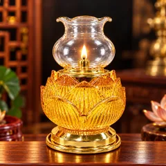 Đèn Dầu Lưu Ly Hoa Sen Vàng Hổ Phách Cao Cấp ( 035)  - Thiết Kế Tinh Xảo, Trang Nghiêm  - Tụ Linh Các
