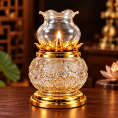 Đèn Dầu Lưu Ly Hoa Sen Trắng Trong Họa Tiết Nổi Cao Cấp ( 056 )  - Thiết Kế Tinh Xảo, Trang Nghiêm - Tụ Linh Các