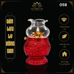 Đèn Dầu Lưu Ly Bông Sen Đỏ Cao Cấp (Mã 058) - Thiết Kế Tinh Xảo, Ánh Sáng Trang Nghiêm - Tụ Linh Các