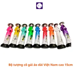 Bộ 9 tượng cô gái áo dài cao 15cm, cô gái áo dài Việt Nam đội nón lá, quà lưu niệm Việt Nam