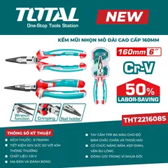 KỀM MŨI NHỌN MỎ DÀI TOTAL THT221608S 160MM/6in – THÉP CR-V, TIẾT KIỆM 50% SỨC