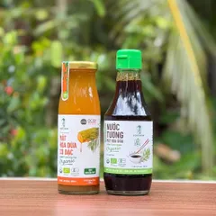 Combo 2 sản phẩm mật hoa dừa Sokfarm (Mật cô đặc 250g + Nước tương ít muối 200ml).