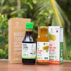Combo 2 sản phẩm mật hoa dừa Sokfarm (Mật cô đặc 250g + Nước tương ít muối 200ml).