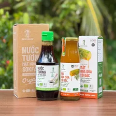 Combo 2 sản phẩm mật hoa dừa Sokfarm (Mật cô đặc 250g + Nước tương ít muối 200ml).
