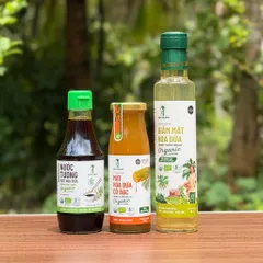 Combo 3 sản phẩm gia vị mật hoa dừa Sokfarm (Nước tương 200ml + Mật cô đặc 250g + Giấm 265ml).
