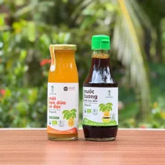 Combo 2 sản phẩm mật hoa dừa Sokfarm (Mật cô đặc cho bé 250g + Nước tương ít muối cho bé 200ml).