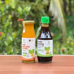 Combo 2 sản phẩm mật hoa dừa Sokfarm (Mật cô đặc cho bé 250g + Nước tương ít muối cho bé 200ml).