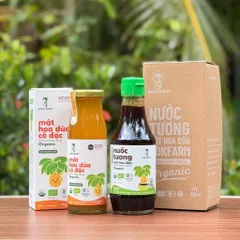 Combo 2 sản phẩm mật hoa dừa Sokfarm (Mật cô đặc cho bé 250g + Nước tương ít muối cho bé 200ml).