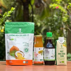 Combo 4 sản phẩm mật hoa dừa hữu cơ Sokfarm (Đường 300g + Mật cô đặc 250g + Nước tương 200ml + Mật tươi 330ml).