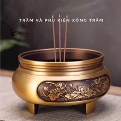 Bộ Lư xông trầm bằng đồng khắc hoa sen đồng nhất cao cấp loại 1, đủ phụ kiện kèm(QUÀ:Chai dầu gió trầm)