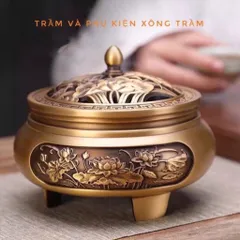 Bộ Lư xông trầm bằng đồng khắc hoa sen đồng nhất cao cấp loại 1, đủ phụ kiện kèm(QUÀ:Chai dầu gió trầm)
