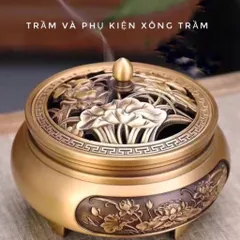 Bộ Lư xông trầm bằng đồng khắc hoa sen đồng nhất cao cấp loại 1, đủ phụ kiện kèm(QUÀ:Chai dầu gió trầm)