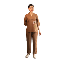 Bộ áo phật tử nữ cổ liền 1 nút vải linen Hàn Quốc - Trang phục truyền thống thoải mái cho phật tử, lý tưởng cho các lễ hội và hoạt động tại chùa