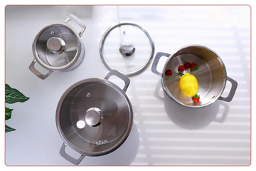 Bộ nồi inox 3 món đáy từ Seka SKM6687 - Inox 304 Cao Cấp, Bếp Từ, Kích Thước 16cm, 20cm, 24cm - Nấu ăn Gia Đình Thoải Mái