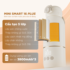 Bình Đun và Hâm Nước Pha Sữa Fatzbaby Mini Smart 16 Plus FB3808BN - Thiết Bị Đun Sôi Nước Linh Hoạt 35-85°C, Pin Sạc Di Động, Tiện Lợi Cho Bé