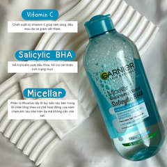 Nước Tẩy Trang Garnier Micellar Cleansing Water Salicylic BHA 400ml - Cho Da Dầu Mụn, Làm Sạch Sâu, Không Gây Kích Ứng