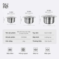 (Hàng nhập khẩu) Bộ nồi inox 304 cao cấp 3 món Gume Classic GM-3566