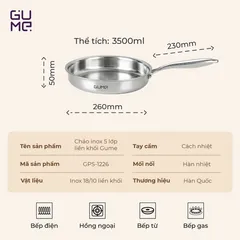 (Hàng nhập khẩu) Chảo Inox 18/10 Nguyên Khối Gume GPS-1226 Size 26cm Chống Dính Tự Thân