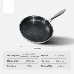 (Hàng nhập khẩu) Chảo inox 18/10 chống dính Blackcube Gume GM1324N size 24cm vung kính