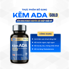 (Hàng chính hãng) Viên Kẽm ADA Gold Zinc Bisglycinate 30 Viên - Bổ Sung Kẽm Hỗ Trợ Sức Khỏe, Da Tóc Móng