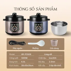 (Hàng nhập khẩu) Nồi Áp Suất Điện Hare HR-PC608 6L Màu Xanh - Lòng Nồi Inox 304 Đúc Liền Khối 3 Lớp