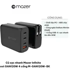 Củ sạc nhanh Mazer Infinite Boost GAN120W 4 cổng USB-C & USB-A - Sạc nhanh công nghệ GaN, nhỏ gọn và hiệu quả cao