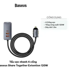 Tẩu sạc nhanh 4 cổng Baseus Share Together 120W - Sạc nhanh ô tô tiện lợi cho smartphone và tablet, độ dài dây 1.5m