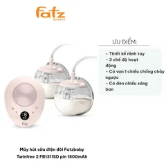 Máy Hút Sữa Điện Đôi Fatzbaby Twinfree 2 FB1311SD - Pin 1800mAh, 3 Chế Độ Hút Sữa, Rảnh Tay Tiện Lợi cho Mẹ Bỉm Sữa