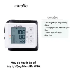 Máy Đo Huyết Áp Cổ Tay Tự Động Microlife W70 - Chính Xác Cao, Thiết Kế Gọn Nhẹ, Hỗ Trợ Nhịp Tim, Bộ Nhớ 99 Kết Quả